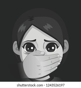 Illustration of young scared girl with adult hand on mouth child abuse concept