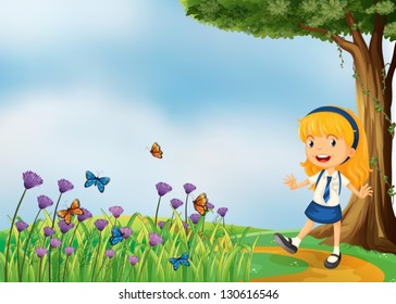 Illustration of a young school girl in the garden with butterflies