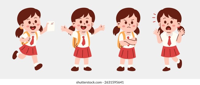 Illustration of a young schoolgirl in uniform showing different emotions including happiness, anger, and surprise with a backpack and grade paper.