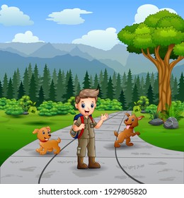 Illustration of young scout and dogs on the road