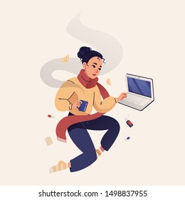 Illustration of young sick woman drinking tea and working at home levitating with medicine decor.