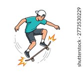 Illustration of a young skater in mid-air, performing a trick on his skateboard, wearing shorts, sneakers, and a backwards baseball cap.