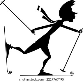 Illustration Of Young Skier Man. 
Winter Sport. Young Man Skiing. Black On White Background
