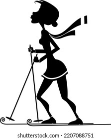 Illustration Of Young Skier Woman.
Winter Sport. Young Woman Skiing. Black On White Background
