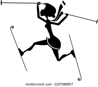 Illustration Of Young Skier Woman.
Winter Sport. Young Woman Skiing. Black On White Background
