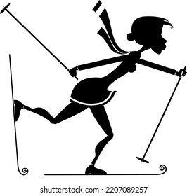 Illustration Of Young Skier Woman.
Winter Sport. Young Woman Skiing. Black On White Background
