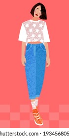 An illustration of a young slender girl in casual clothes. Fashion illustration. Using a texture.