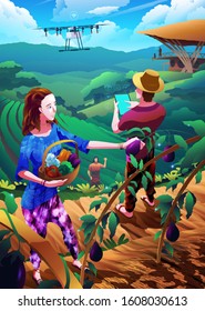 An illustration of young smart farmers on the mountain in a tropical country. The man using agrodrone to spray hormone fertilizer on crops with the beautiful scenery of mountains.
