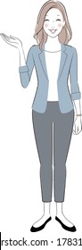 Illustration of a young smiling businesswoman wearing a jacket  guiding