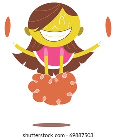 Illustration of a young smiling yellow cheerleader jumping and cheering doing a split in the air. Looks excited.