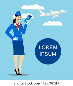 illustration young stewardess on background of the plane and sky