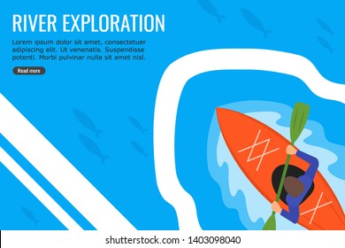 Illustration of a young strong man kayaking in a river with blue background suitable for info graphic.