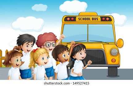 Illustration Young Students Waiting Schoolbus Stock Vector (Royalty ...