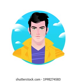 Illustration of a young stylish man. Vector. Cartoon beautiful character for advertising and design. Bright anime image in the style of the 80s. Profile avatar. A hero for retro films.