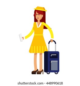 Illustration of a young stylish woman in yellow dress fashion with travel bag. Female character in white background. Woman tourist