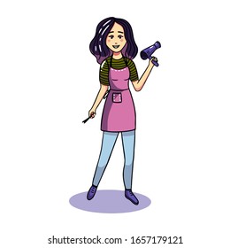Illustration of a young stylist hairdresser girl with a hairdryer and scissors in hands in a green sweater, jeans and a pink apron.