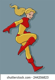 Illustration of a young superhero girl in a bright costume flying