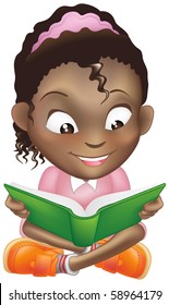 Illustration of a young sweet black girl child happily reading a book