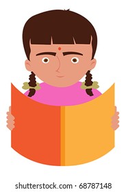 Illustration of a Young Sweet Child Indian Girl Happily Reading a Book