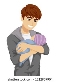 Illustration of a Young Teenage Father Smiling and Carrying His Baby