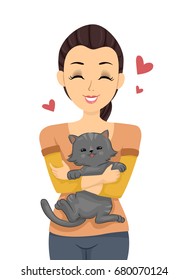 Illustration of a Young Teenage Girl Surrounded With Hearts Hugging a Cute Gray Pet Cat