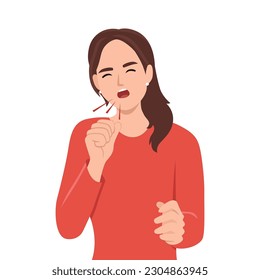 Illustration of young teenager girl coughing with fist in front of mouth. Flat vector illustration isolated on white background