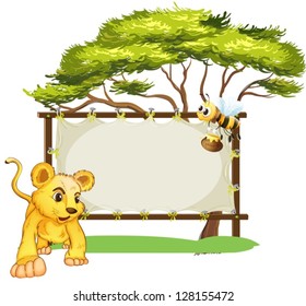 Illustration of a young tiger and a bee near an empty signage on a white background
