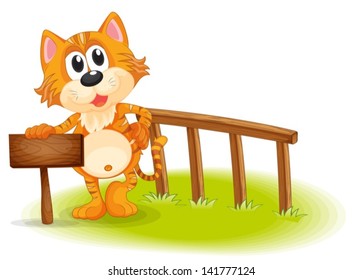 Illustration of a young tiger near the empty wooden signboard on a white background