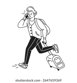 Ilustração de um jovem viajante correndo energicamente com mala e telefone. Roupa e mochila elegantes sugerem excitação. Design simples em preto e branco.