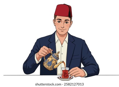 Illustration of a young Turkish guy wearing fez pouring Turkish tea from a pot, isolated on white background