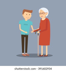 Illustration Of Young Volunteer Man Caring For Elderly Woman. Man Helping And Supporting Old Aged Female. Vector Flat Design. Social Concept Caring For Seniors