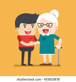 Illustration of young volunteer man caring for elderly woman. Man helping and supporting old aged female. Vector flat design. Social concept caring for seniors