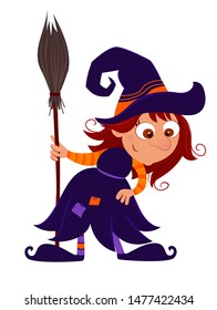 Illustration of a young witch with big hat, brown hair, pinstripe cardigan and broom. Halloween character isolated on a white background.