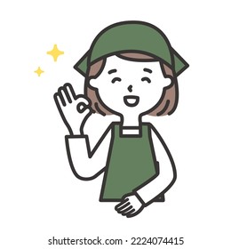 Illustration of a young woman in an apron who makes an okay sign with a smile