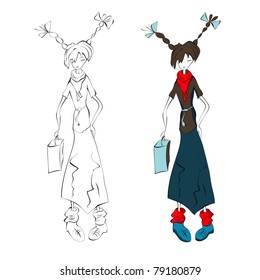 Illustration of young woman with bag
