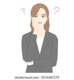 Illustration of a young woman in a business suit having trouble, upper body