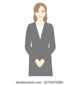 Illustration of a young woman in a business suit standing with her hands in front of her, upper body