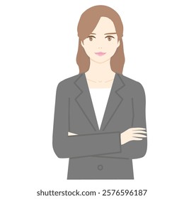 Illustration of a young woman in a business suit smiling and crossing her arms, upper body