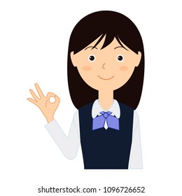 Illustration of a young woman in business uniform.She has an OK sign.