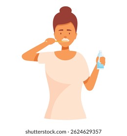 Illustration of a young woman carefully brushing her teeth holding a tube of toothpaste, promoting good oral hygiene practices
