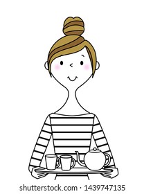 
Illustration of a young woman carrying a teapot.