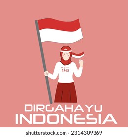 illustration of young woman celebrating indonesian independence day with red and white attributes, eps file