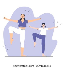 Illustration of a young woman and a child doing balancing excercise, fitness concept