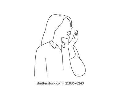 Illustration of young woman covering her mouth by hand, disgust and bad smell, bad breath. line art style
