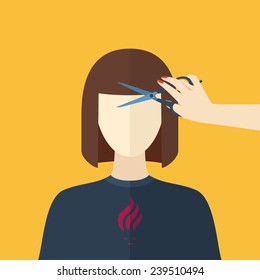 Illustration of a young woman. Cutting hair at the hairdresser. Beauty procedures made in flat design. Vector