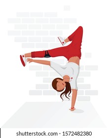 Illustration of a young woman dancing hip-hop or break-dance upside down on the background of a brick wall. Vector illustration