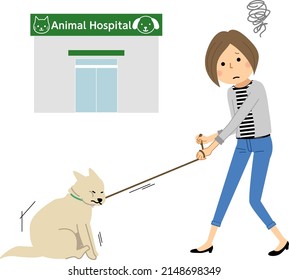 Es una ilustración de una joven y un perro que odia ir al hospital.