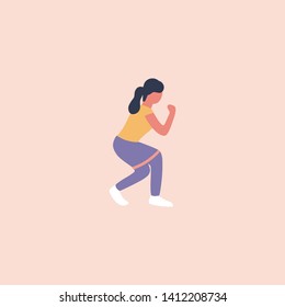 Illustration of young woman doing different exercises with resistance band isolated on a light background. Colorful flat vector illustration.