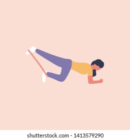 Illustration of young woman doing different exercises with resistance band isolated on a light background. Colorful flat vector illustration.