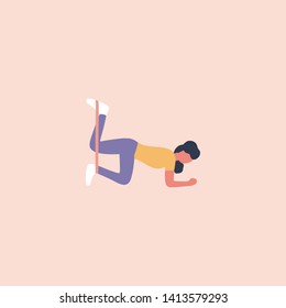 Illustration of young woman doing different exercises with resistance band isolated on a light background. Colorful flat vector illustration.